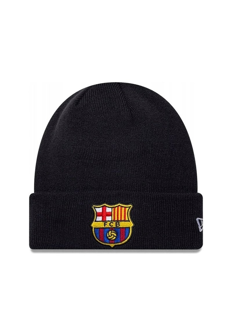 Schwarze Strickmütze mit umgeschlagenem Bündchen, versehen mit dem Vereinswappen von FC Barcelona und einem kleinen Markenlogo an der Seite.