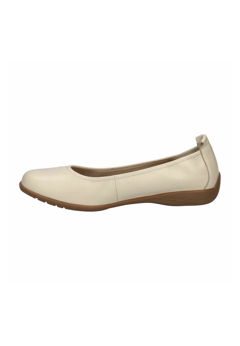 Beige leather ballet flat with a rounded toe, flexible brown outsole, and subtle stitching details along the sides and heel.