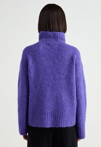 Paarse, oversized gebreide trui met een hoge, geribbelde kraag en een gestructureerd, pluizig materiaal; heeft lange mouwen en een recht afgesneden zoom.