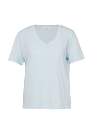 Jasnoniebieski damski T-shirt z krótkim rękawem i dekoltem w serek, o luźnym kroju i gładkim wzorze, prezentowany na białym tle.