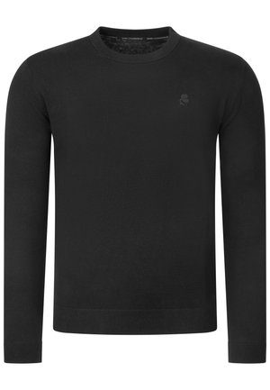 Pull noir à manches longues avec col rond, poignets et ourlet côtelés, avec un petit logo ton sur ton sur la poitrine gauche.