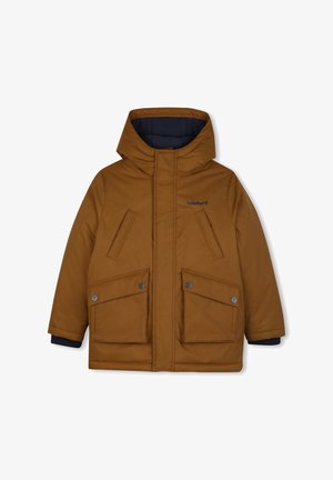 Veste d'hiver matelassée marron à capuche, fermeture éclair devant, deux poches à rabat avec boutons et logo Timberland sur la poitrine.