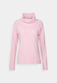 Long-sleeve pink turtleneck top with a soft collar and thumbholes on the cuffs, Oakley logo near the hem.