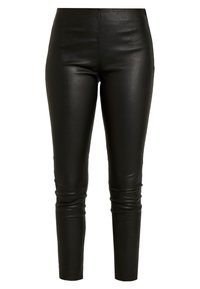 Svarta läderleggings med hög midja, slät yta och smal passform, med ankellånga ben och utan märkbara beslag eller dekorationer.