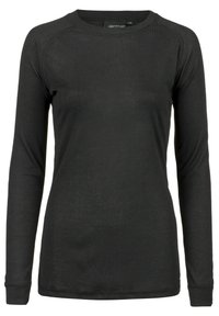 Långärmad svart thermotröja med ribbat mönster, rund halsringning och figurnära silhuett utan synliga detaljer eller mönster.
