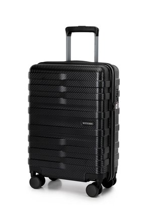 Black hard-shell suitcase with a textured, ridged design. Features a retractable handle, four wheels for mobility, and a brand logo.