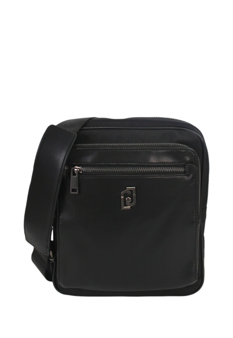 Borsa a tracolla nera in pelle liscia, con tasca frontale con zip, design elegante, tracolla regolabile e discreto logo.