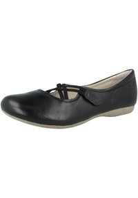 Black leather ballet flat with a rounded toe, elastic strap, and a light-colored rubber sole. Smooth texture with minimal decorative elements.
