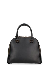 Borsa a mano in pelle nera con forma arrotondata, doppi manici superiori e dettagli in zip dorata su ciascun lato. Texture liscia con un design elegante.