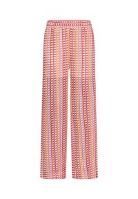 Pantalon à jambes larges avec ceinture élastique, présentant un motif abstrait de coquilles verticales rouges, roses et oranges sur un fond blanc.