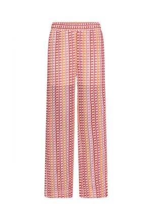 Pantalon à jambes larges avec ceinture élastique, présentant un motif abstrait de coquilles verticales rouges, roses et oranges sur un fond blanc.
