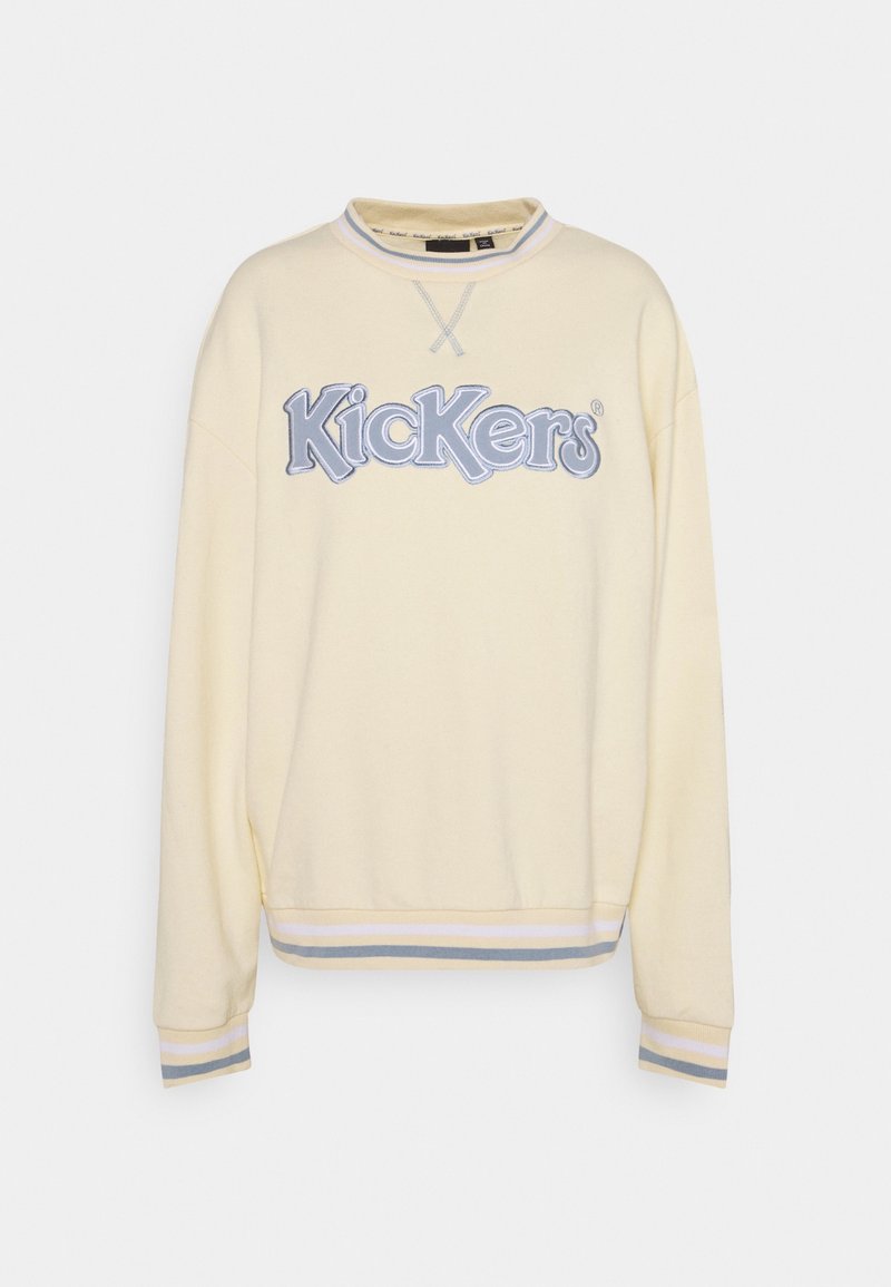 Žlutá mikina z měkké látky s výšivkou loga "Kickers" v šedé barvě, žebrované manžety s modro-bílými pruhy.