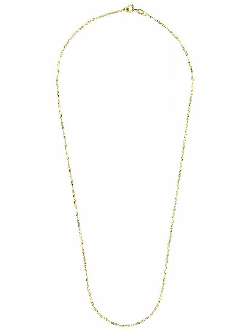 Collana in oro con un design delicato e attorcigliato. Presenta un gancio a molla e una texture liscia e lucida. La lunghezza consente di fare sovrapposizioni.