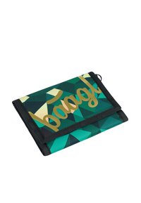 Folded wallet in green geometric pattern with black trim, featuring gold text. Made from canvas, displaying a smooth texture.