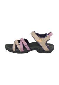 Lightweight sandals featuring a mix of beige, pink, and purple straps. Adjustable velcro closures and a textured black rubber sole.