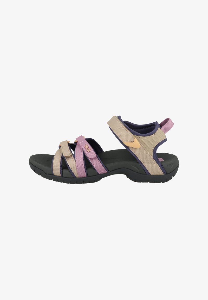 Lightweight sandals featuring a mix of beige, pink, and purple straps. Adjustable velcro closures and a textured black rubber sole.
