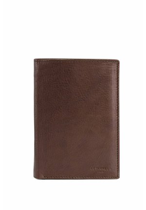 Portafoglio in pelle marrone con superficie texturizzata, design bi-fold e un marchio discreto nell'angolo in basso a destra. Presenta cuciture visibili.