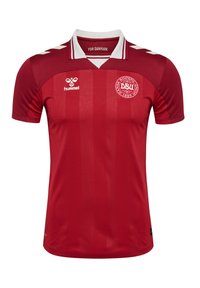 Röd fotbollströja med pikékrage, kontrasterande vit kant, horisontella ränder och en cirkulär logotyp för laget på vänster bröst.