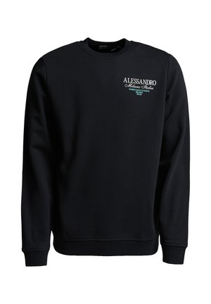 Zwarte sweatshirt met een ronde hals, lange mouwen, ribgebreide manchetten en zoom; heeft een wit en teal logo op de borst.