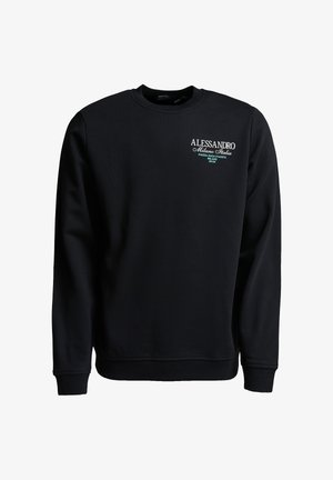 Zwarte sweatshirt met een ronde hals, lange mouwen, ribgebreide manchetten en zoom; heeft een wit en teal logo op de borst.