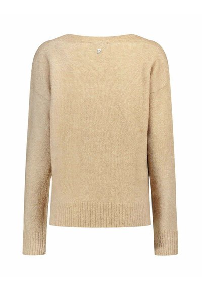 Maglione lavorato a maglia beige con vestibilità comoda, spalle scese e orlo a coste. Presenta un piccolo logo sulla nuca sul retro. Texture morbida.