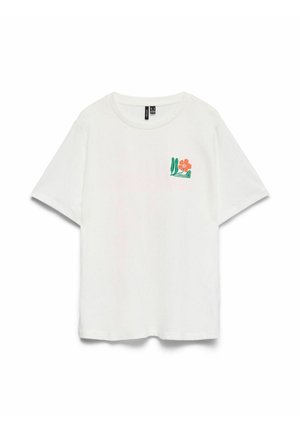 Wit T-shirt met korte mouwen, een klein groen-oranje bloemenmotief op de bovenste linkerborst, ronde hals en losse pasvorm.