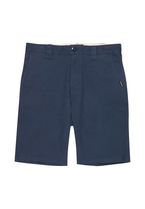 Donkerblauwe herenshorts met verstelbare riemlussen, voorzijde met knoop- en ritssluiting, en zijzakken op een witte achtergrond.