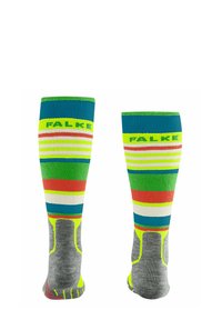 Calze colorate fino al ginocchio con un motivo a righe blu e verde, suola grigia e logo nella parte superiore. Presentano punta e tallone rinforzati.