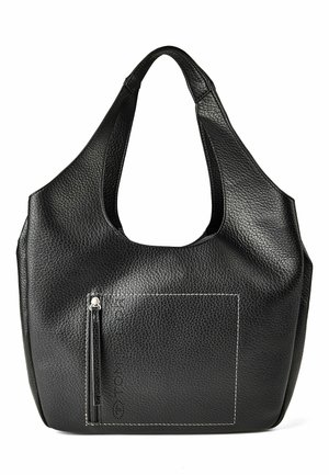 Black textured leather handbag with wide shoulder straps, front zippered pocket, and embossed logo detail.