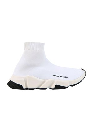 Biały, wysokotonowy sneaker w stylu skarpetki z grubą beżowo-czarną podeszwą i logo "Balenciaga" po boku.