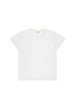 Effen wit T-shirt met korte mouwen en ronde hals liggend, voorkant zichtbaar zonder zichtbare logo's of patronen.