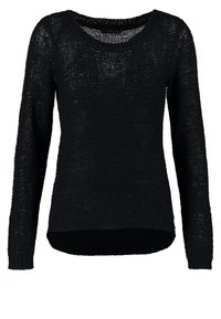 Pull noir en maille à manches longues avec col rond et texture légèrement transparente, doté de poignets et d'un ourlet côtelés.