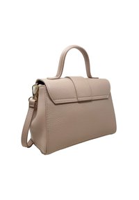 Rosa läderhandväska med en strukturerad silhuett, handtag upptill, avtagbar rem och subtila sömdetaljer på frampanelen.