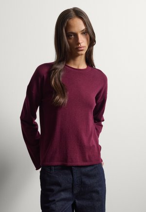 Giovane donna con lunghi capelli castani che indossa una maglia bordeaux a maniche lunghe e pantaloni blu scuro, in piedi davanti a uno sfondo chiaro uniforme.