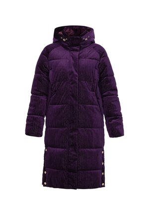 Manteau matelassé violet en tissu texturé, doté d'une capuche, de poches avant et de boutons-pression sur le côté pour un ajustement réglable.