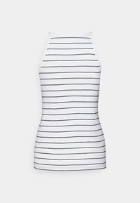 Camisola branca sem mangas com finas riscas horizontais pretas. Apresenta um design de alças cruzadas, ajuste justo e tecido de algodão suave. Barra simples.