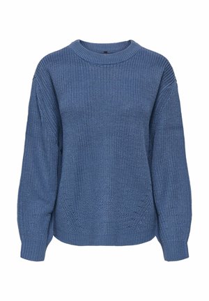 Niebieski sweter z dzianiny z okrągłym dekoltem, długimi rękawami i textured wzorem na całej powierzchni. Posiada ściągacze przy mankietach i u dołu.
