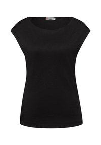 Haut court à manches courtes pour femmes, noir, avec encolure bateau, taille cintrée et étiquette de la marque Street One au col.