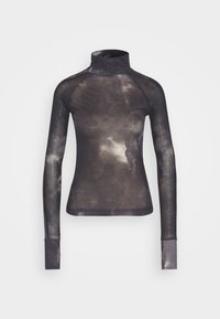 Pitkähiha, korkeapääntie paita musta-harmaassa tie-dye-kuviossa. Ominaisuuksiin kuuluu tiukka siluetti ja peukalonaukot. Valmistettu kevyestä, joustavasta kankaasta.