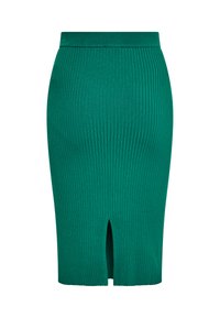 Groene geribbelde gebreide rok met een slim fit en een voorste split-detail. Heeft een brede tailleband en een tekstuur over het hele oppervlak.