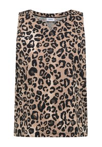 Haut beige sans manches avec un motif léopard noir et marron foncé et une petite encolure en V échancrée.