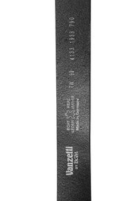 Sangle de ceinture en cuir noir affichant la marque Vanzetti, symbole de cuir véritable, taille 90, et le texte "Fabriqué en Allemagne".