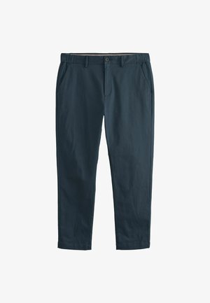 Dunkelblaugrüne Chinos mit schmaler Passform, aus Baumwolle gefertigt. Verfügt über Seitentaschen, einen Knopfverschluss und eine glatte Textur.