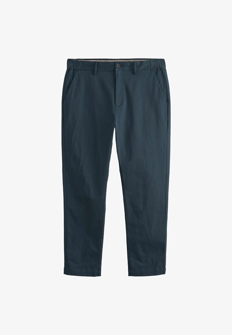 Temno zeleno modri chinos hlače s slim fit krojem, narejene iz bombaža. Imajo stranske žepe, gumbasto zapiranje in gladko teksturo.
