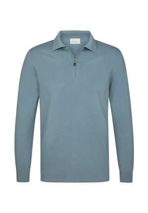 Pull à manches longues bleu clair avec un col à demi-fermeture éclair, fabriqué dans un tissu doux et texturé. Présente un ourlet et des poignets côtelés.