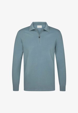 Pull à manches longues bleu clair avec un col à demi-fermeture éclair, fabriqué dans un tissu doux et texturé. Présente un ourlet et des poignets côtelés.