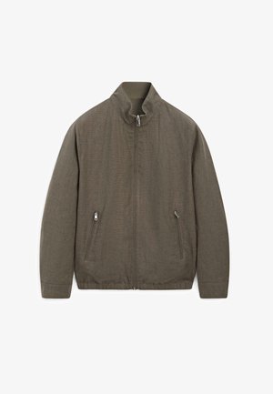 Pánská hnědá neformální bunda na zip s stojáčkem, dvěma předními kapsami na zip a elastickým lemem a manžetami.