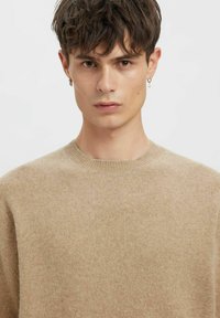 Beżowy sweter z dzianiny z okrągłym dekoltem, miękką fakturą i ściągaczami na rękawach, o minimalistycznym wzornictwie bez widocznych wzorów ani akcentów.