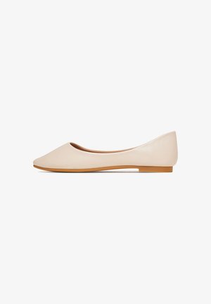 Beige leather ballet flats with a pointed toe, minimalistic design, and a flat rubber sole. Smooth texture, no visible embellishments.