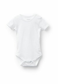 Bílý krátký rukáv bodysuit vyrobený z bavlny. Má kulatý výstřih a patentky ve spodní části pro snadné oblékání a svlékání.